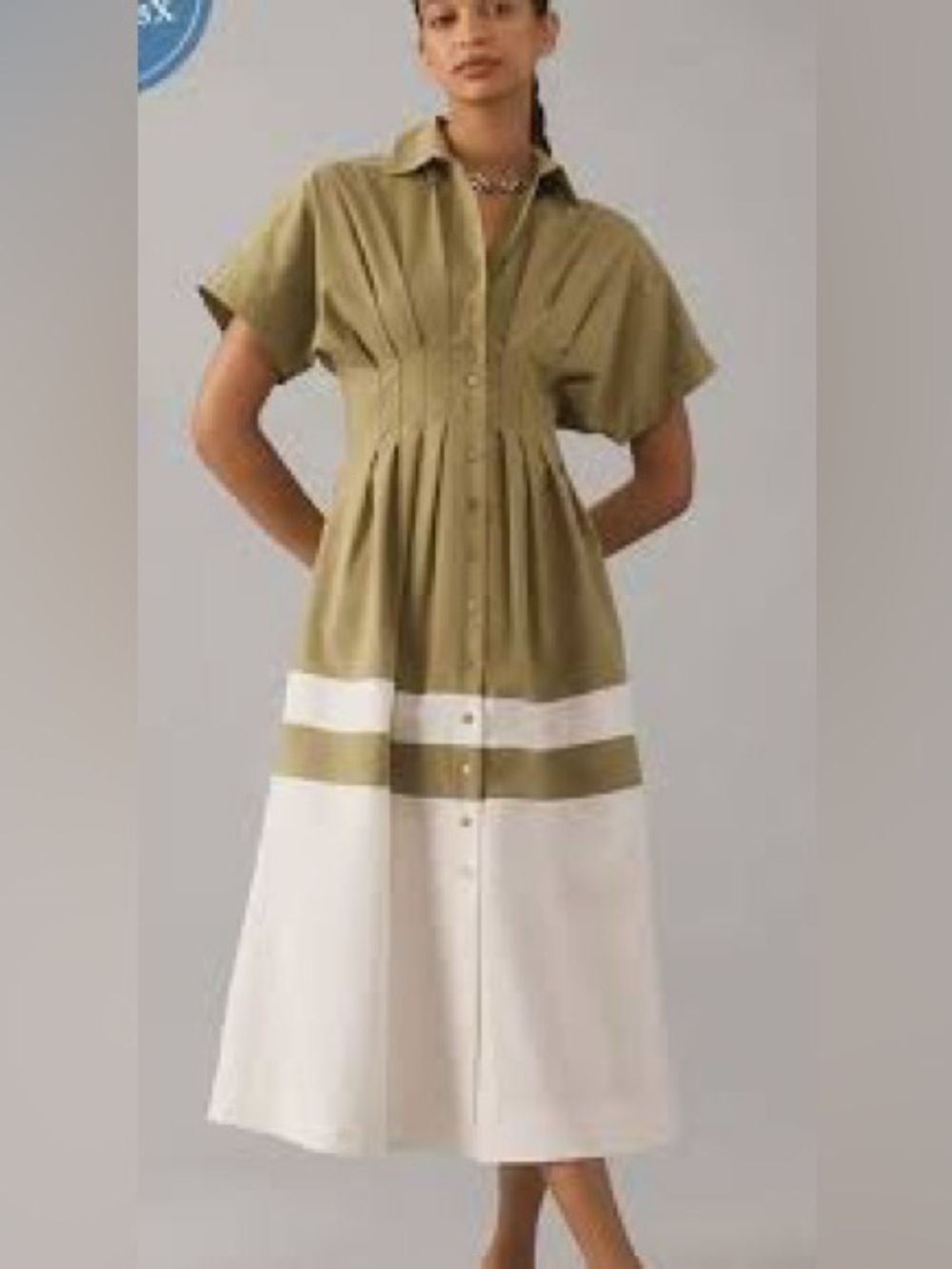 Two-Tone Olive and White Button-Front Midi Dress